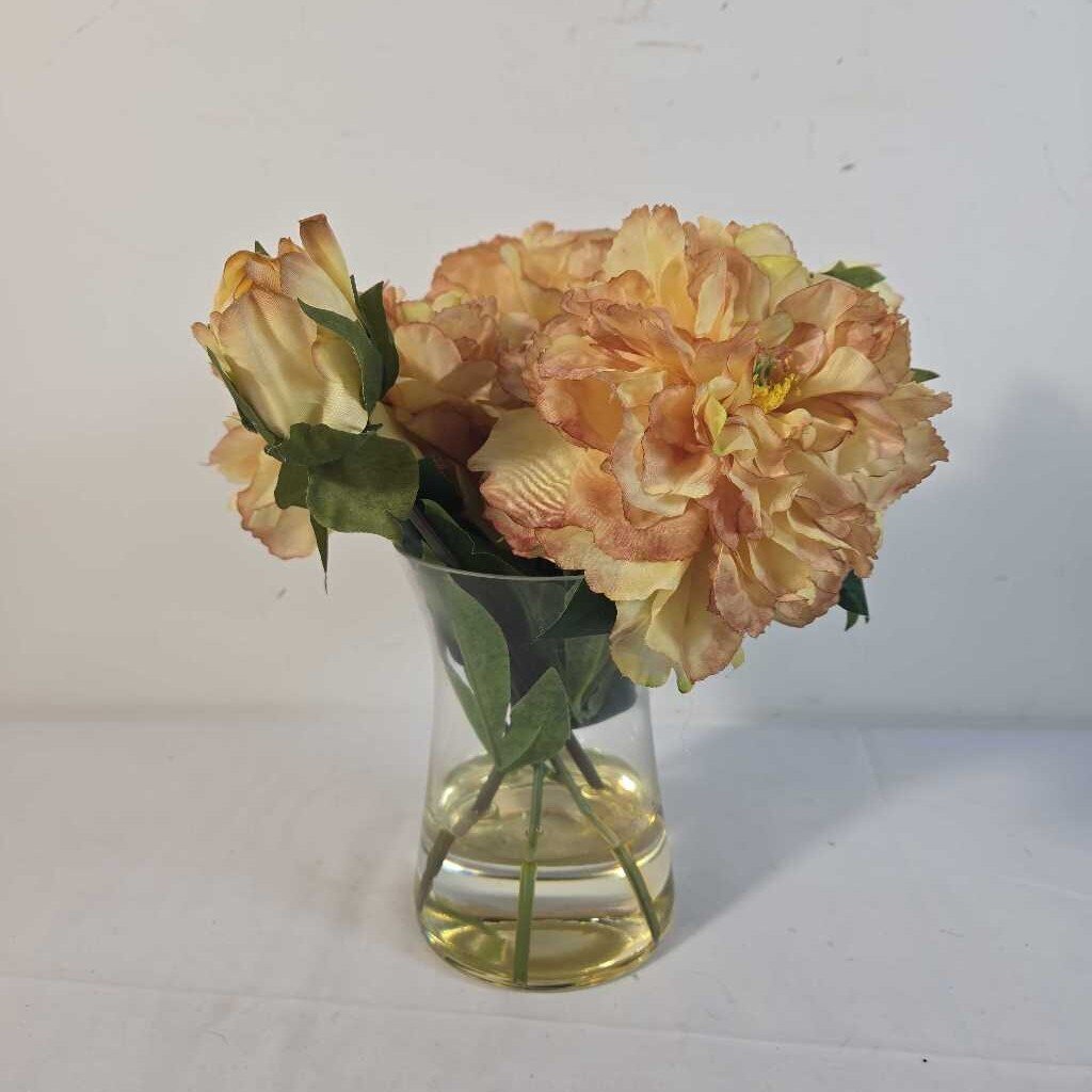 FAUX PEONIES IN GLASS VASE