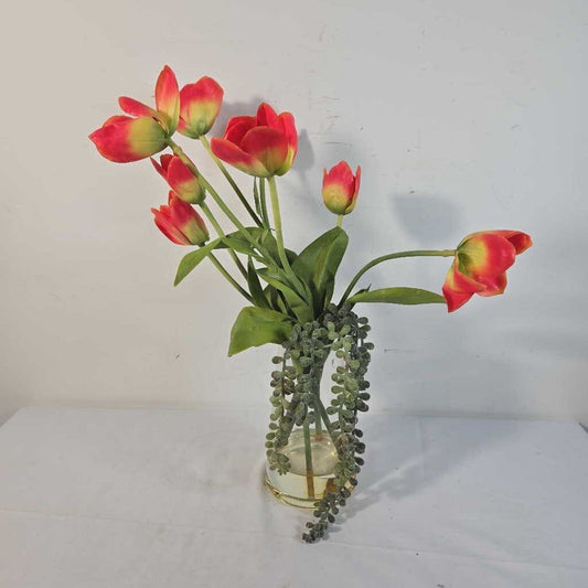 FAUX TULIPS W/TRAILING GREENERY IN GLASS VASE
