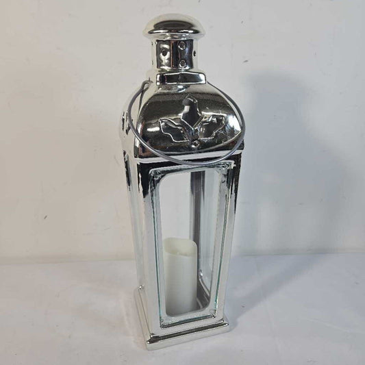 SILVER LANTERN W/FAUX CANDLE