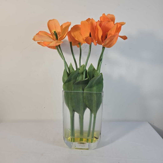 FAUX ORANGE TULIPS IN GLASS VASE