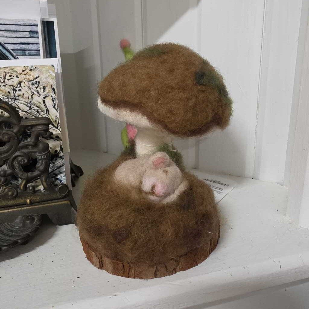 Handmade Felted Wool Decor Sleeping Mouse Under Mushroom