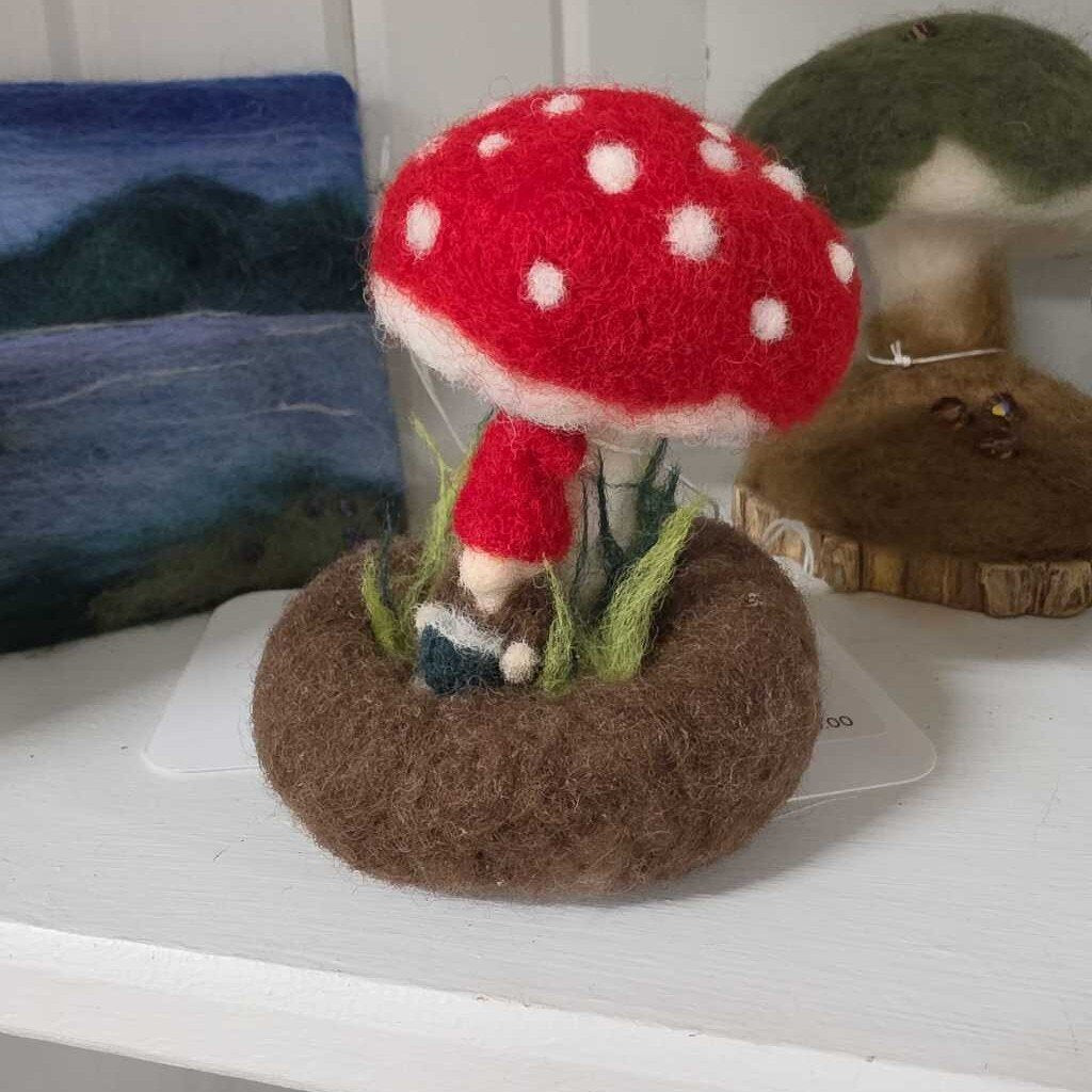 Handmade Felted Wool Decor Gnome Reading Under Mushroom