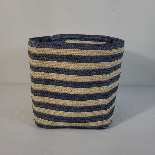 BLUE/ BEIGE WOVEN BASKET W/ HANDLES