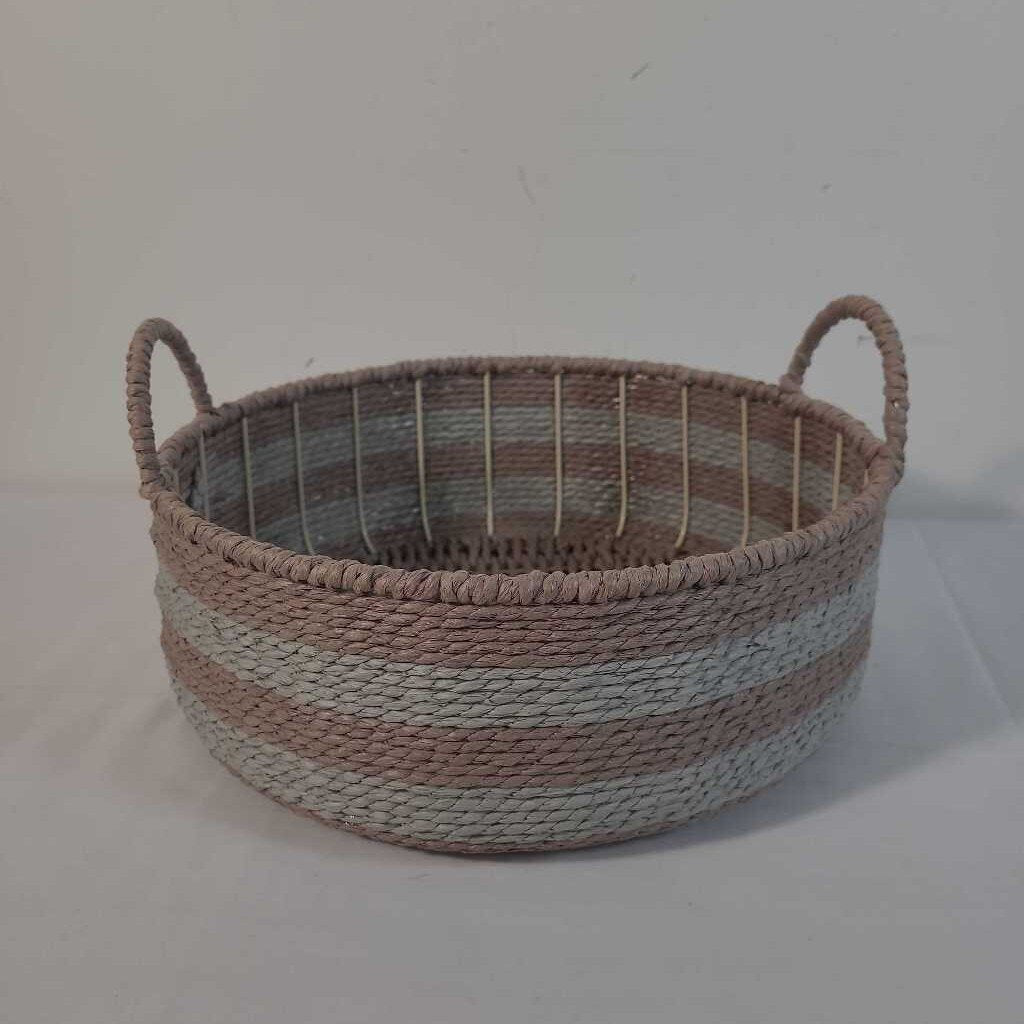 WOVEN BASKET TAUPE & BLUE W/ HANDLES