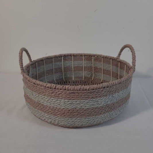 WOVEN BASKET TAUPE & BLUE W/ HANDLES