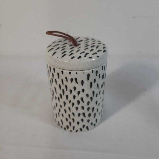 CERAMIC LIDDED CONTAINER W/ LEATHER HANDLE