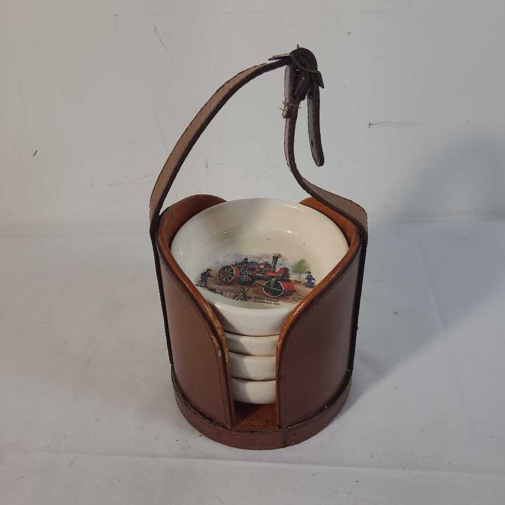 S/4 CERAMIC VTG TRANSPORTATION COASTERS IN A LEATER CARRIER