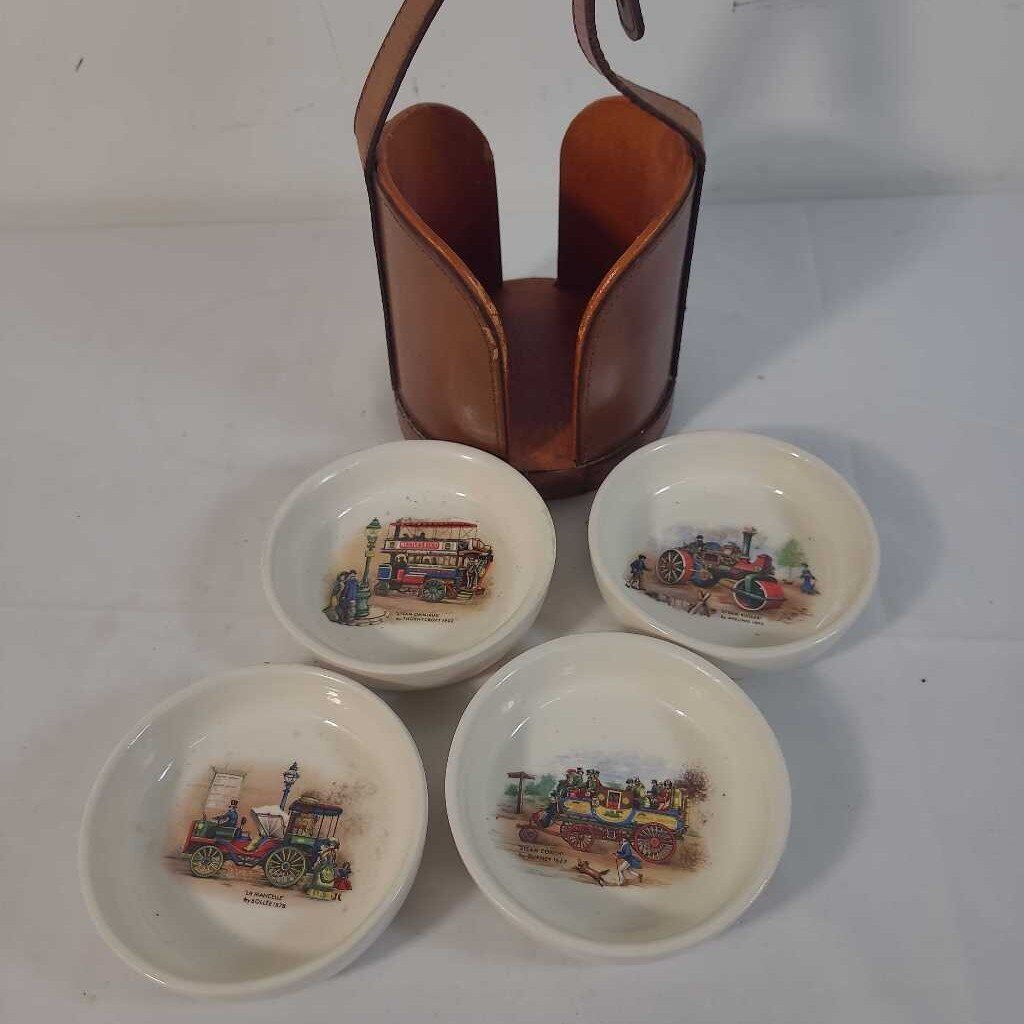 S/4 CERAMIC VTG TRANSPORTATION COASTERS IN A LEATER CARRIER