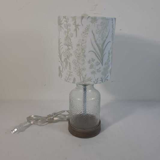GLASS BASE TABLE LAMP W/GREEN & WHITE SHADE