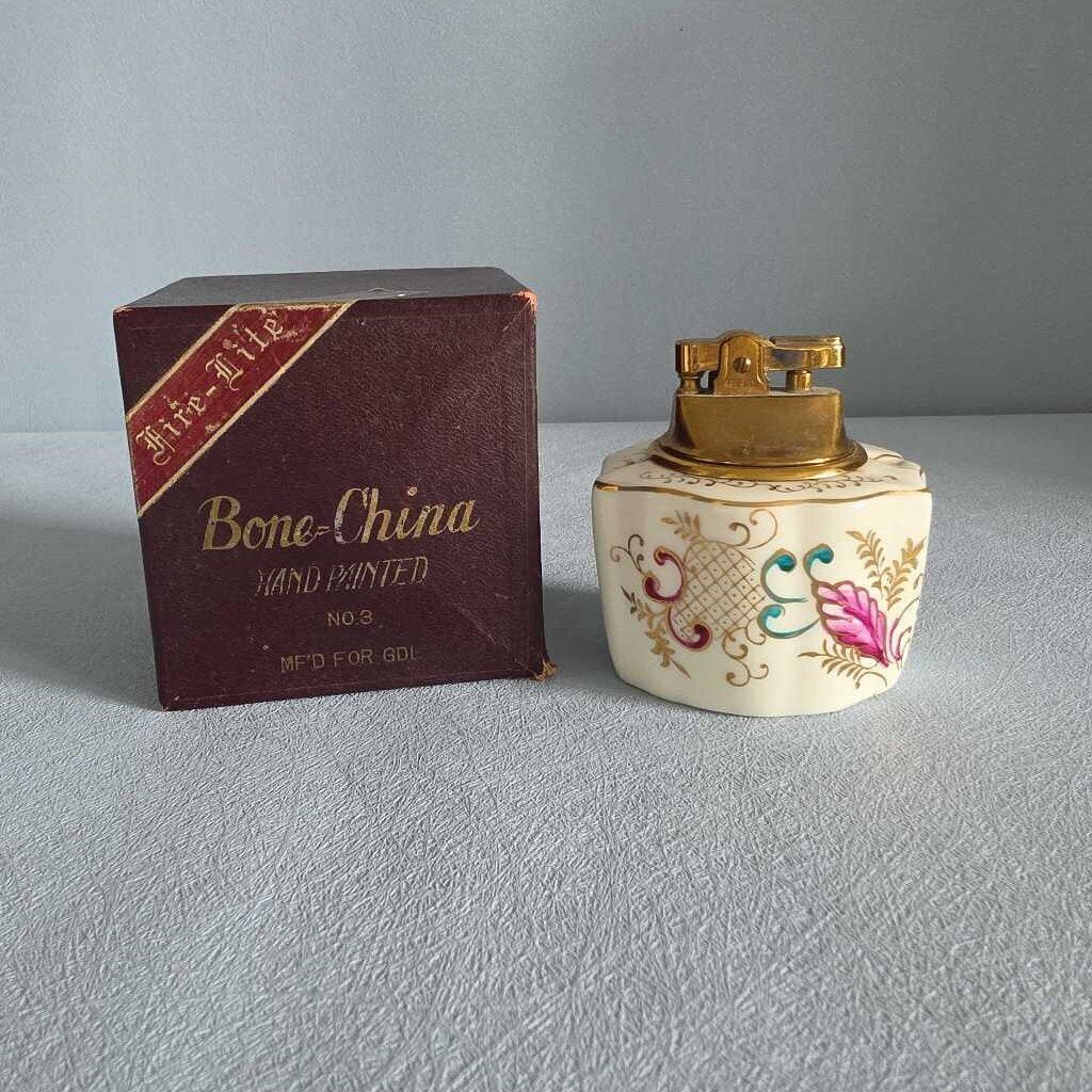 Vintage FIRE-LITE Hand Painted Bone China Table Lighter 1960s Original Box
