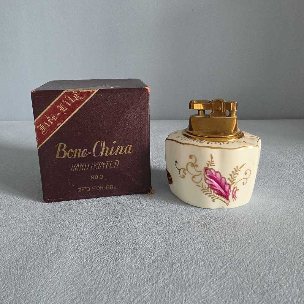 Vintage FIRE-LITE Hand Painted Bone China Table Lighter 1960s Original Box