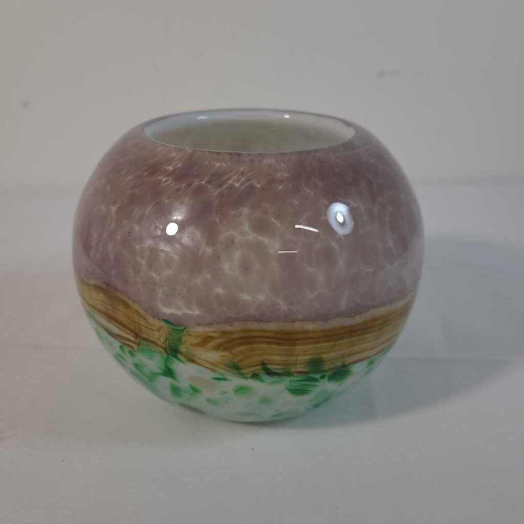 ROUND HAND BLOWN PURPLE/GREEN VASE
