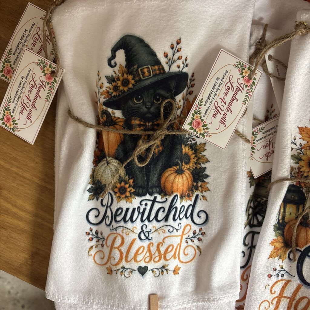 Halloween towel, cat Bewitched & Blessed