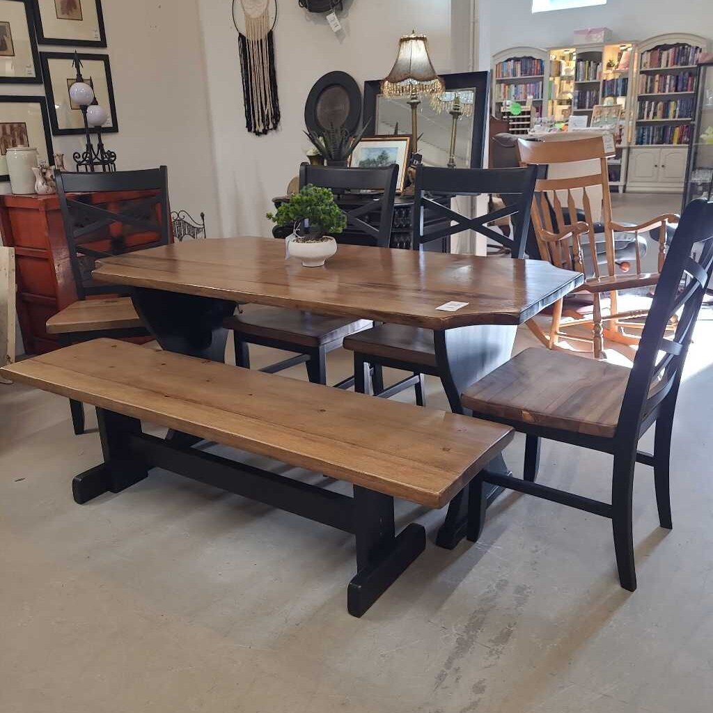 NEWLY MADE HARVEST TABLE W/4 CHAIRS & BENCH