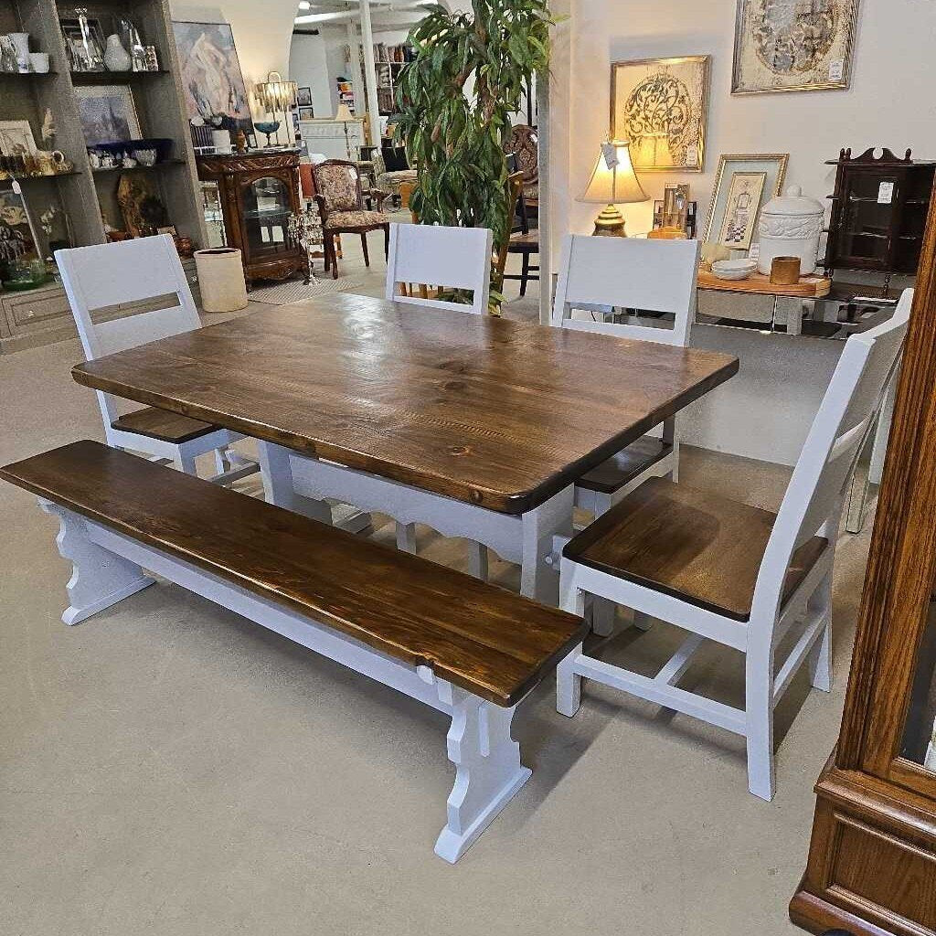 NEWLY REFINISHED HARVEST TABLE, 4 CHAIRS & BENCH