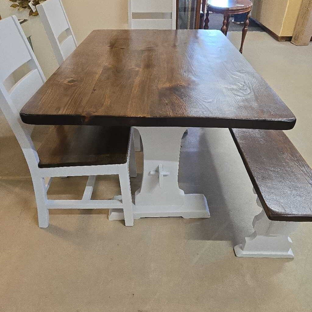 NEWLY REFINISHED HARVEST TABLE, 4 CHAIRS & BENCH