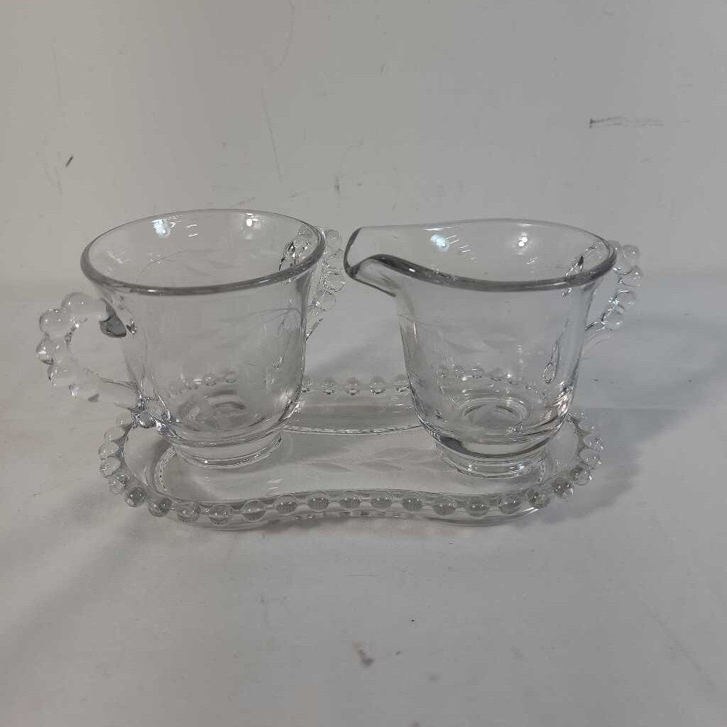3pc CORNFLOWER CANDLEWICK GLASS CREAM & SUGAR ON TRAY
