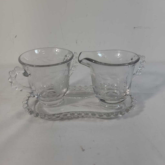 3pc CORNFLOWER CANDLEWICK GLASS CREAM & SUGAR ON TRAY