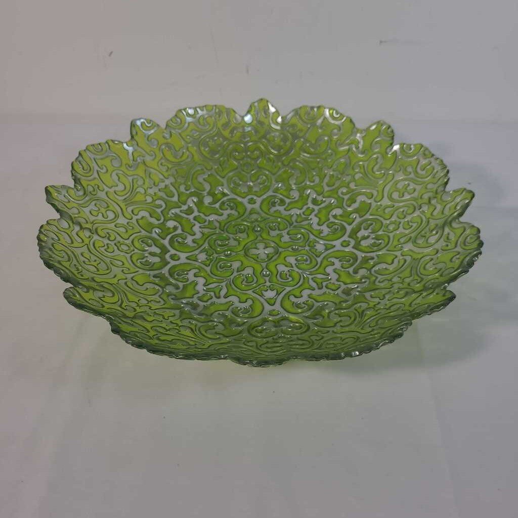 GREEN & SILVER GLASS DECORATIVE BOWL