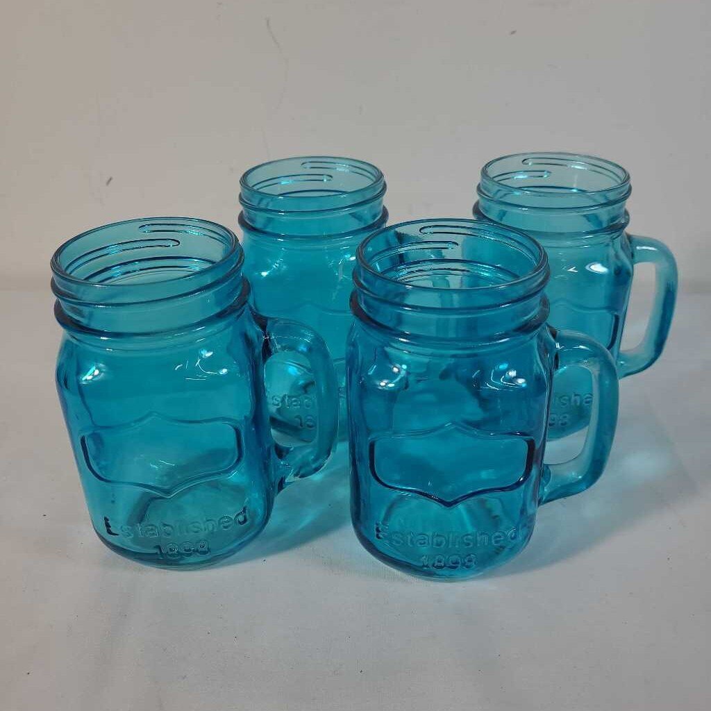 S/4 BLUE GLASS MUGS