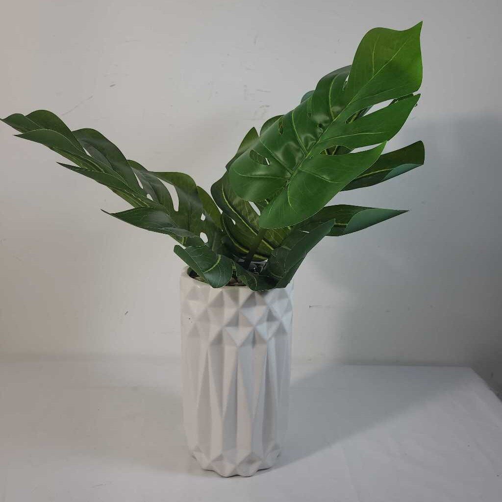 WHITE VASE W/ FAUX MONSTERA LEAVES