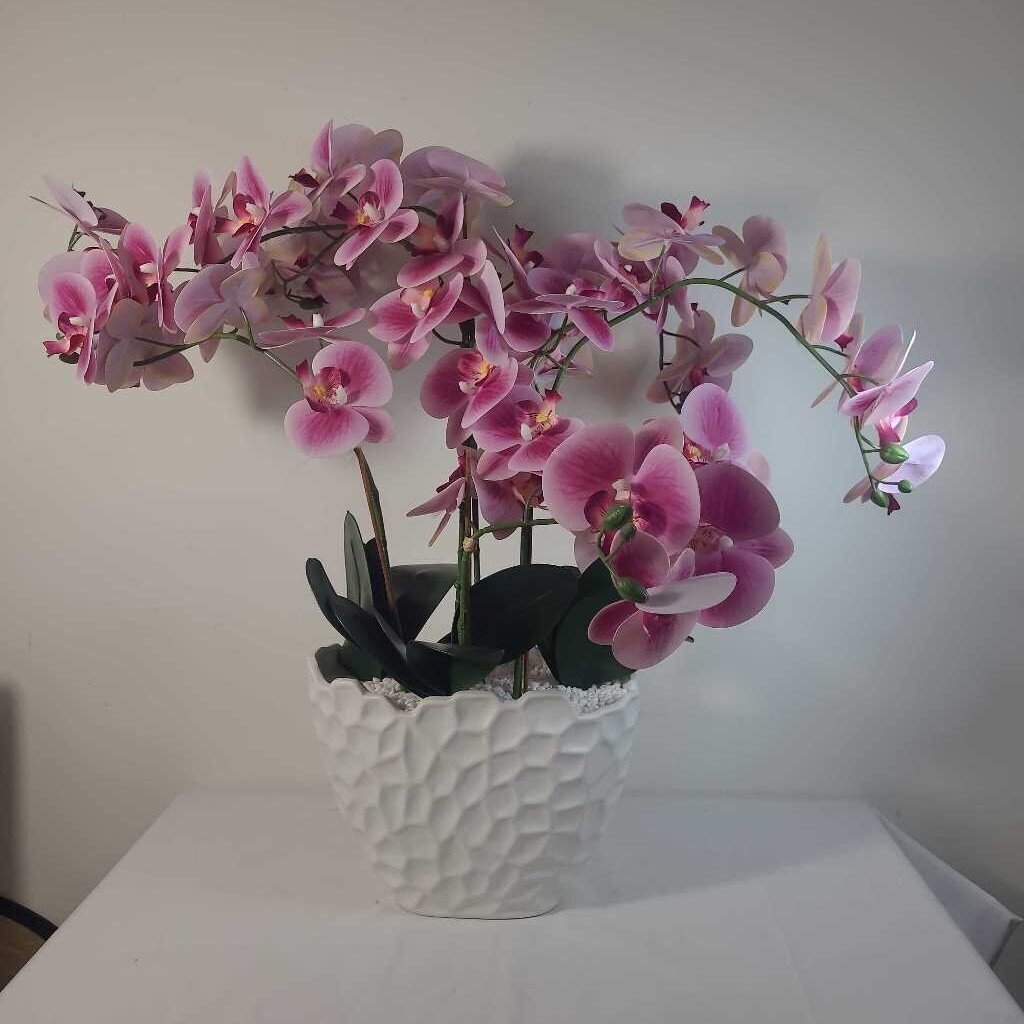 FAUX PINK ORCHID IN WHITE POT