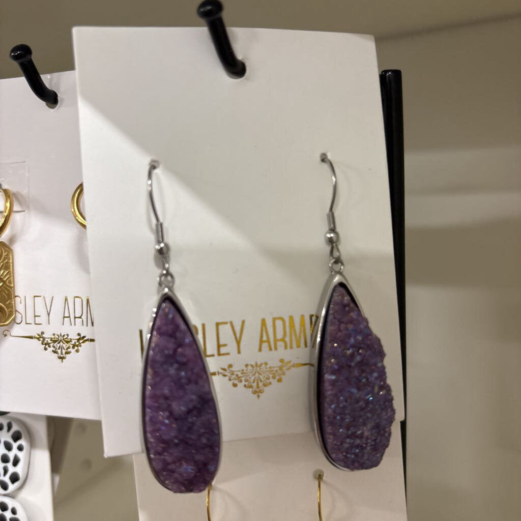 Quartz Drop Earrings - Purple/Silver