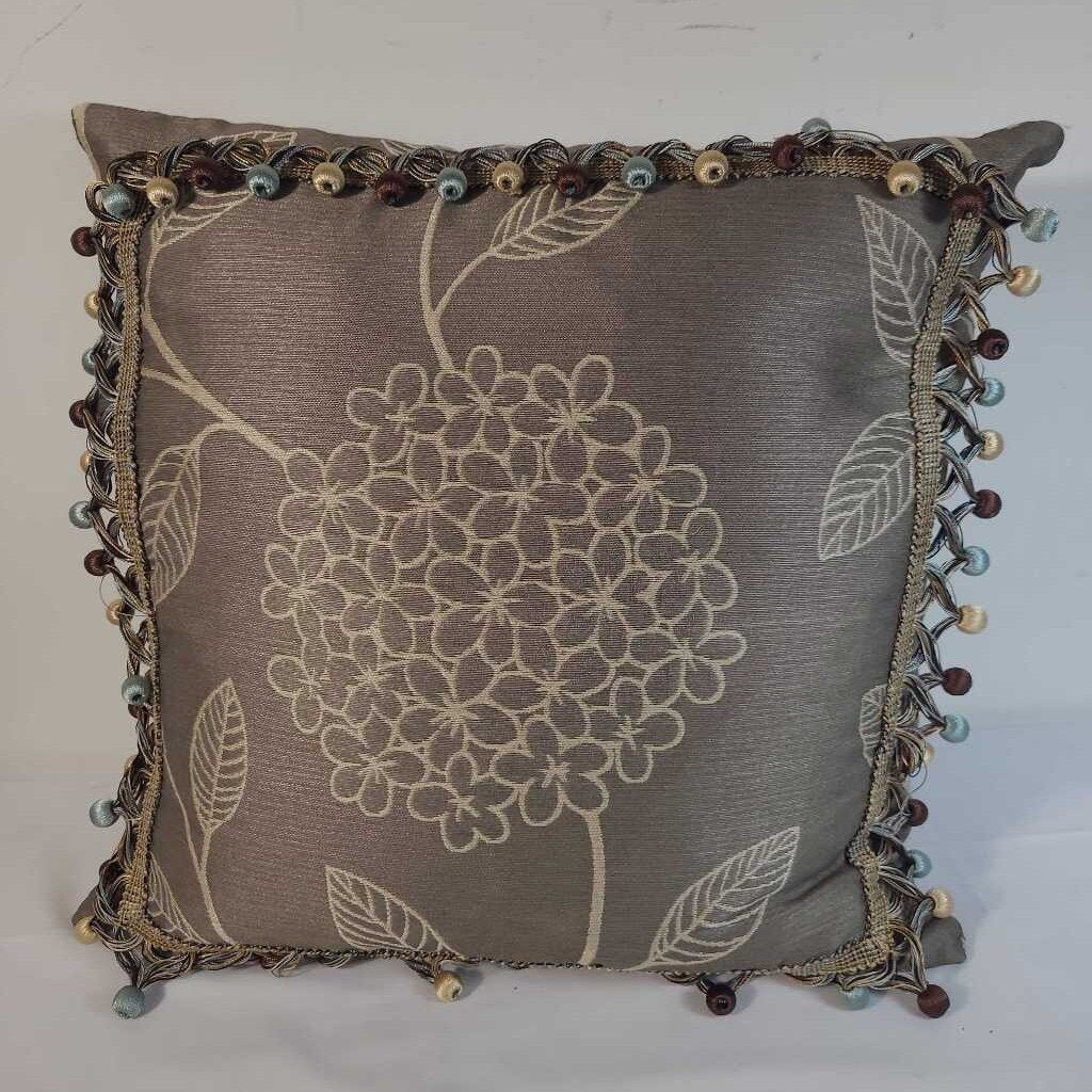 TAUPE DOWN FILLED PILLOW W/BLUE & BROWN BALL EDGING