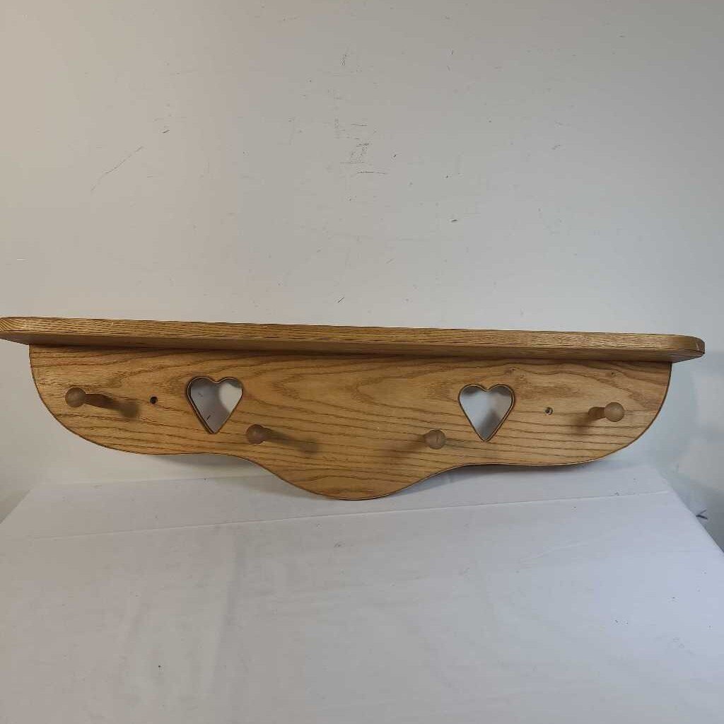OAK WALL SHELF W/HOOKS