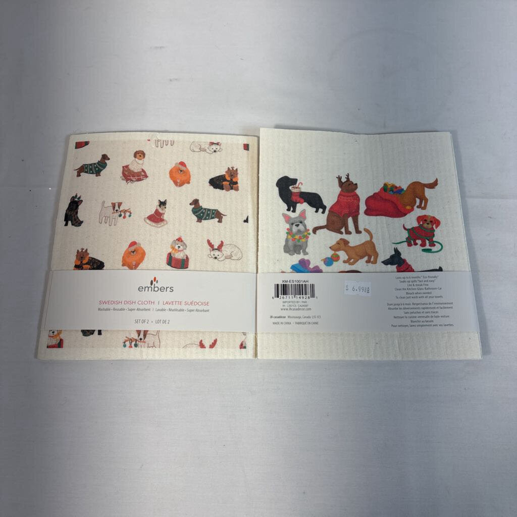 SET/2 SWEDISH DISH CLOTHS - FESTIVE DOGS