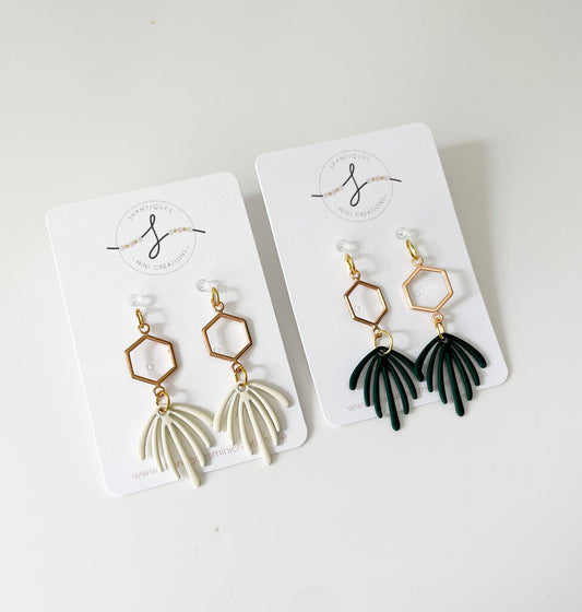 LEAVES WITH HEXAGON/IVORY- DANGLE EARRINGS