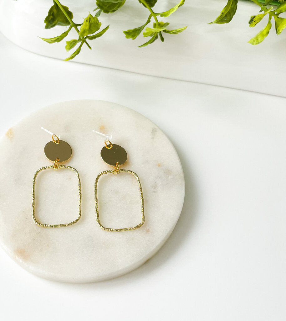 GOLD PLATED/RECTANGLE WITH CIRCLE - DANGLE EARRINGS