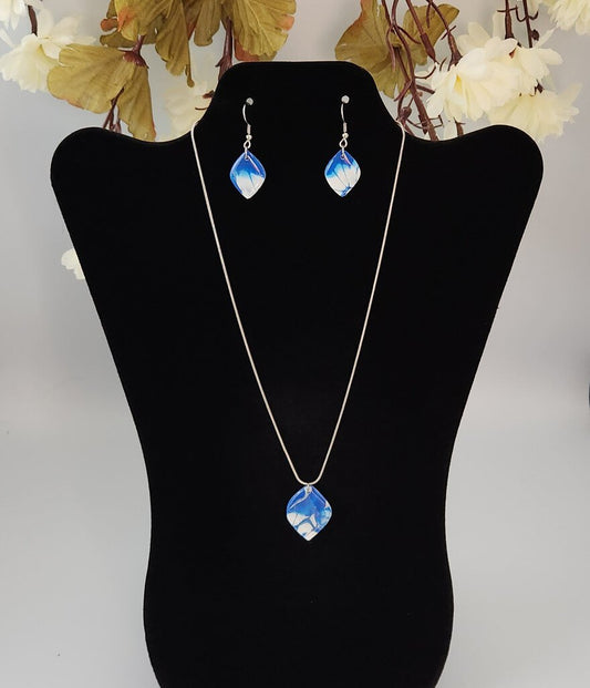 18" NECKLACE & EARRING SET - BLUE ROUND DIAMOND