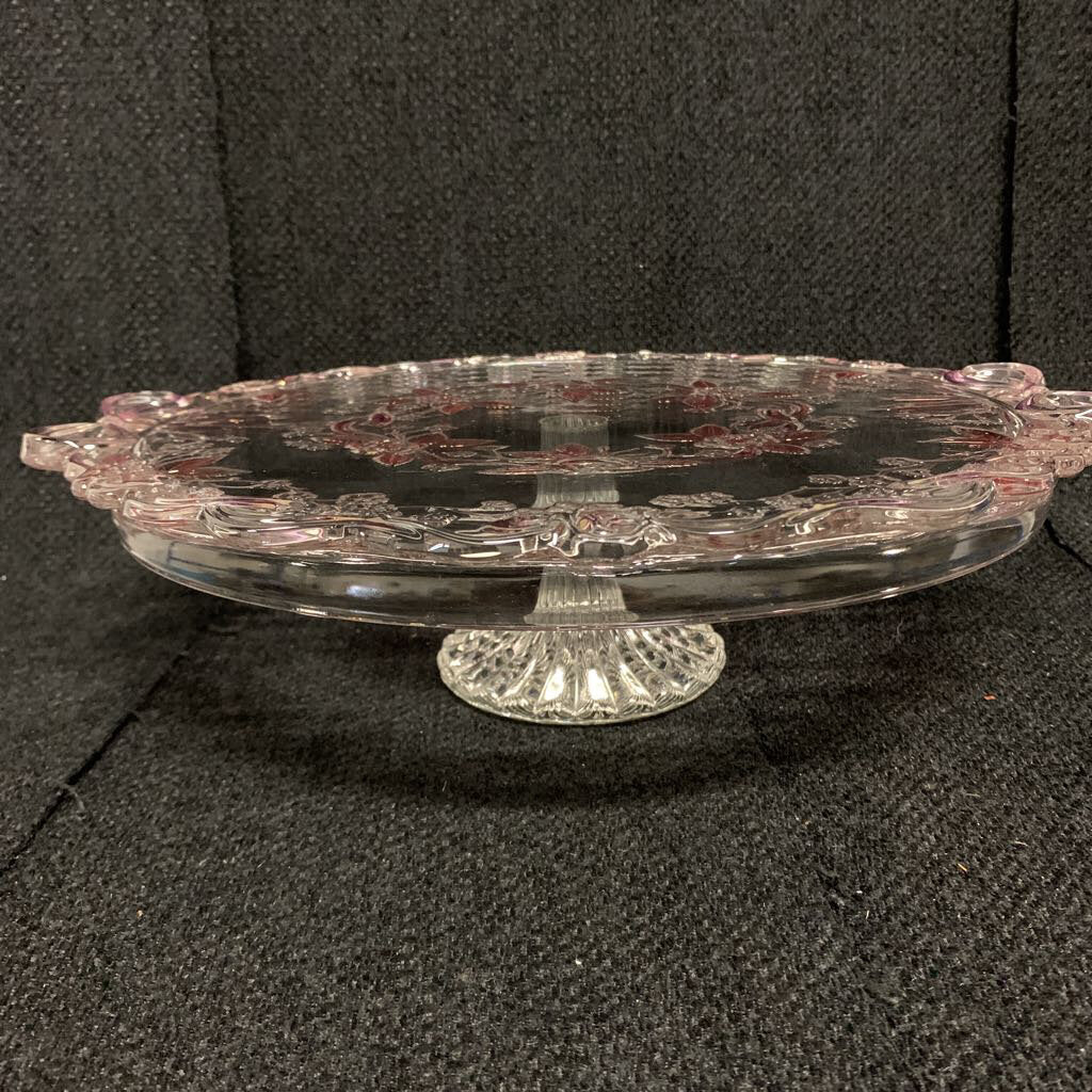 GLASS FOOTED CAKE PLATEWITH PINK FLORAL AND RIBBON
