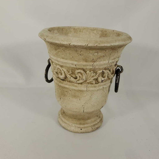 CEMENT URN W/METAL HANDLES