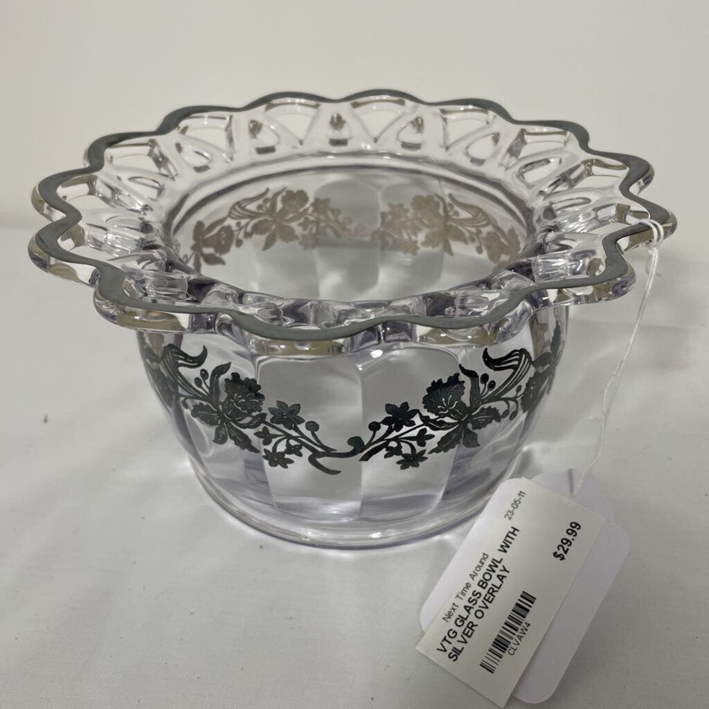 VTG GLASS BOWL WITH SILVER OVERLAY