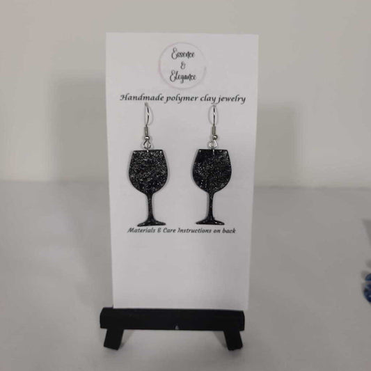 BLACK AND SILVER WINE GLASS EARRINGS